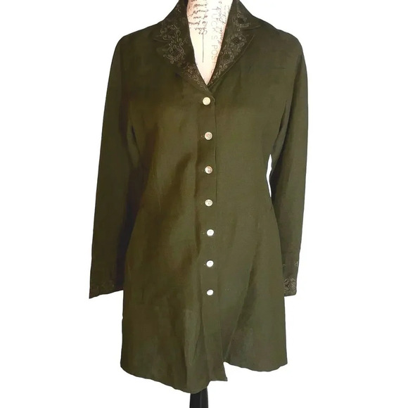 Scenario,36 duster jacket,38 elastic waist wide leg Embroidered Linen pant Suit - Picture 2 of 11